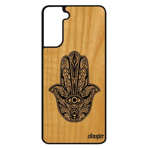 Coque pour Samsung S21 FE en bois veritable silicone main de fatma khamsa antichoc noir fatima case berbere mobile tatouage galaxy