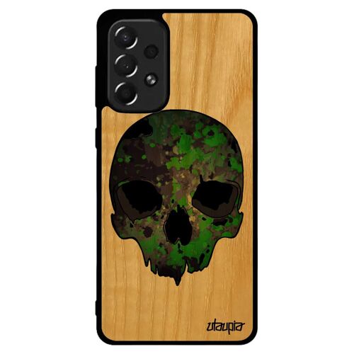 Coque pour Samsung A73 en bois veritable silicone tete de mort personnalisé antichoc epouvante army Vert squelette punk biker galaxy