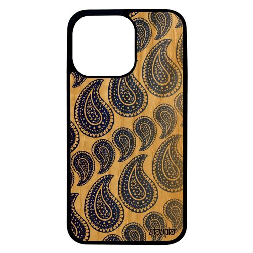 Coque Bois Iphone 13 Pro Silicone Motif Cachemire Indien Bleu Multicolore Impression Degradé Jolie Personnalisé Dessin Noir De