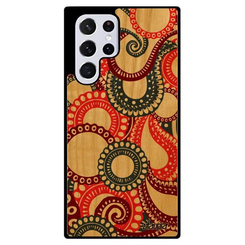 Coque Galaxy S22 Ultra en bois silicone motif cachemire dessin coloré cadeau de noel housse Rouge indienne indien ethnique Samsung