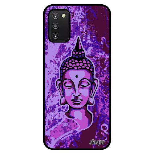 Coque bouddha A03S silicone yoga Violet alu bouddhisme dessin case portrait pas cher tibet religion inde femme rigide Samsung galaxy