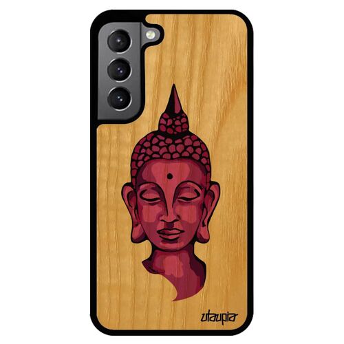 Coque bouddha Samsung S22 en bois veritable silicone 4G Violet pochoir etui antichoc tibet inde portrait yoga made in France galaxy