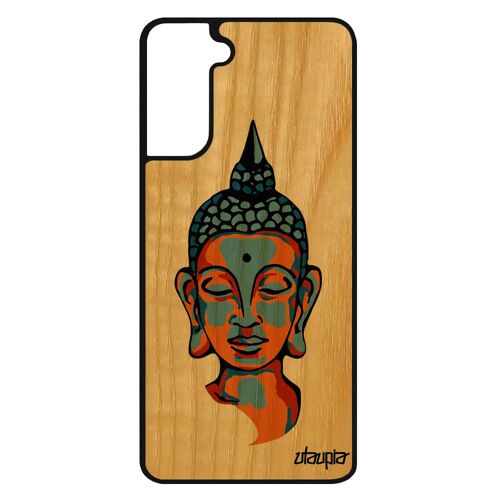 Coque Galaxy S21 FE vrai bois silicone bouddha portable bumper portrait illustration jolie Orange mobile zen hindou etui Samsung