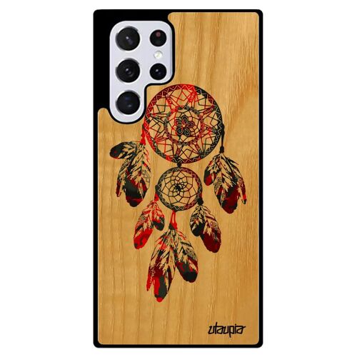 Coque S22 Ultra bois silicone attrape reve ethnic noir coquillage telephone amerindien coloré capteur de housse plume Samsung galaxy