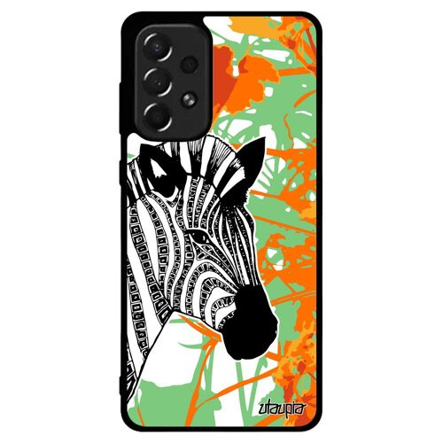 Coque Samsung A73 silicone zebre savane aluminium telephone dessin homme animaux cover feuilles Orange noir et blanc rayé 4G galaxy