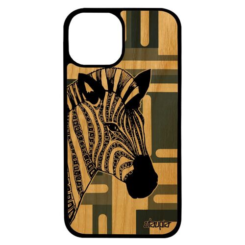 Coque en bois pour iPhone 13 pro max silicone zebre animal cubique ethnique dessin noir et blanc mobile etui geometrique Gris