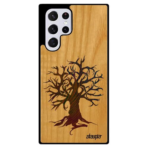 Coque Pour S22 Ultra En Bois Silicone Peinture Arbre Case Telephone Motif De Vie Foret Etui Unique Art Jaune Ecologie Samsung Galaxy