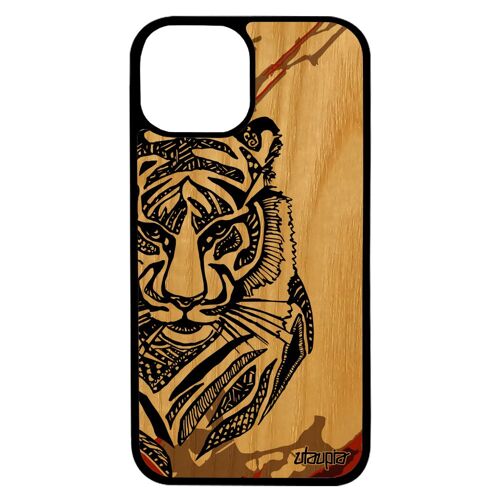 Coque Bois Iphone 13 Silicone Tigre Dessin Azteque Housse Animal Design Personnalisé Art Homme Coloré Fauve Ethnique Bengal De