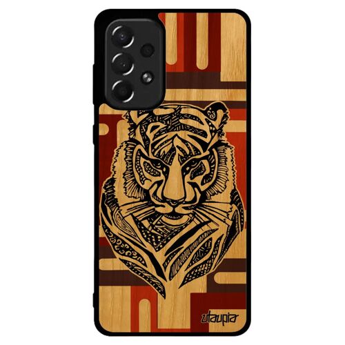 Coque Tigre Pour Samsung A73 En Bois Silicone Tasmanie Tribal Animaux Fauve Portable Dessin Geometrique Marron Azteque Rigide Galaxy