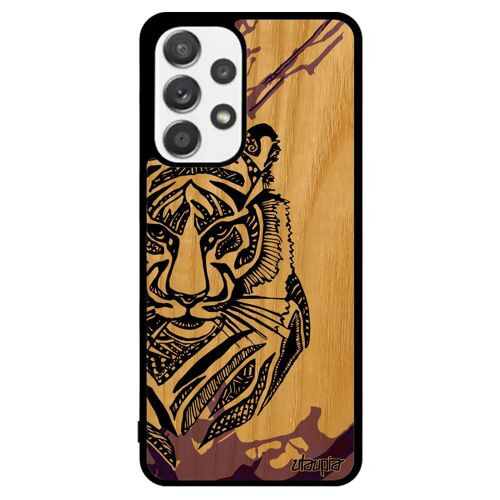 Coque pour Samsung A53 en bois silicone tigre tribal etui housse Violet animal azteque jolie original dessin predateur femme galaxy