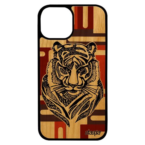 Coque en bois naturel tigre antichoc iPhone 13 mini silicone ethnique 4G tasmanie Marron pas cher jolie animaux fauve tribal