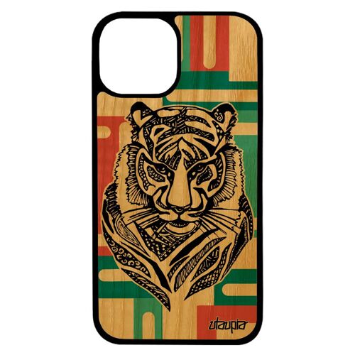 Coque tigre de protection iPhone 13 pro max en bois silicone geometrique Vert fauve azteque femme animaux ethnique tribal 4G