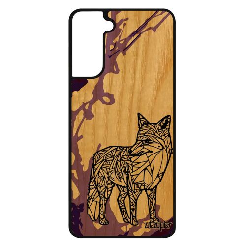 Coque en bois veritable S21 FE silicone renard Violet peinture personnalisé dessin animal azteque cadeau de noel case Samsung galaxy