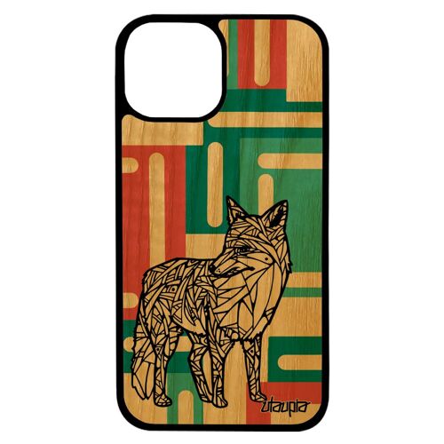 Coque pour iPhone 13 bois silicone renard solide geometrique telephone tribal femme noir antichoc dessin design carré ethnique