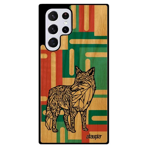 Coque bois silicone Samsung Galaxy S22 Ultra renard ethnique animaux rusé femme smartphone carré Vert dessin antichoc made in France
