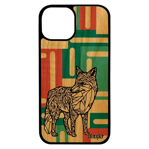 Coque vrai bois silicone iPhone 13 mini renard etui carré mobile animaux rusé azteque Vert femme dessin geometrique unique de