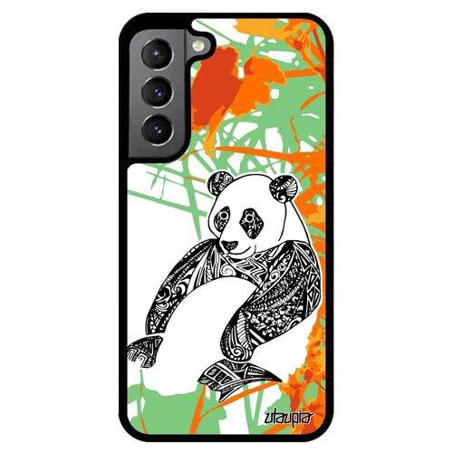 Coque silicone panda de protection Samsung S22 dessin original fille azteque animaux tribal mobile noir feuilles chine coloré galaxy