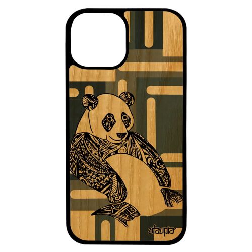 Coque iPhone 13 bois silicone panda etui tribal geometrique azteque animal noir motif homme noir et blanc Gris bamboo ethnique