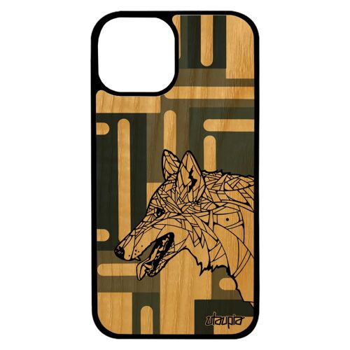 Coque antichoc rigide iPhone 13 mini bois silicone loup motif femme azteque Gris ethnique graphique geometrique chien alpha de
