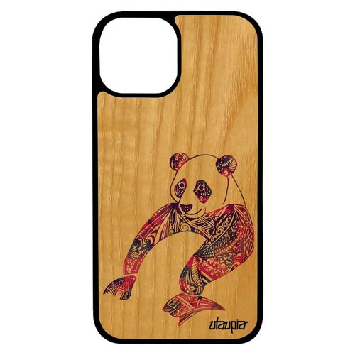 Coque Panda Iphone 13 Mini Bois Silicone Violet Pastel Telephone Fille Ethnique Dessin Couleur Design Rigide Animaux Asie