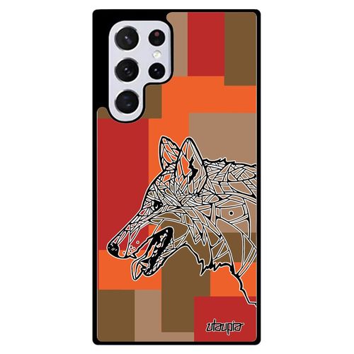 Coque Loup Samsung S22 Ultra En Silicone Dessin Tribal Husky Mechant Geometrique Marron Animaux Ethnique Azteque Cube Rigide Galaxy