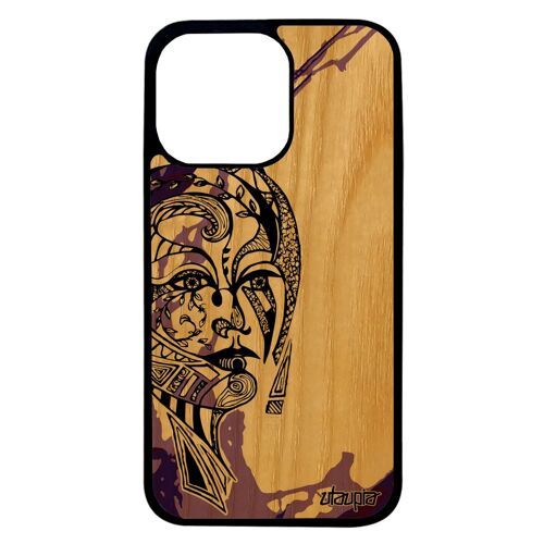 Coque bois silicone pour iPhone 13 pro femme etui solide frêne Violet dessin tribal couleur art azteque telephone rigide