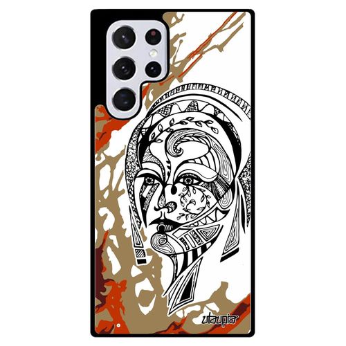Coque Femme Samsung Galaxy S22 Ultra En Silicone Marron Dessin Personnalisé De Protection Fleur Art Portrait Tribal Feerique Azteque