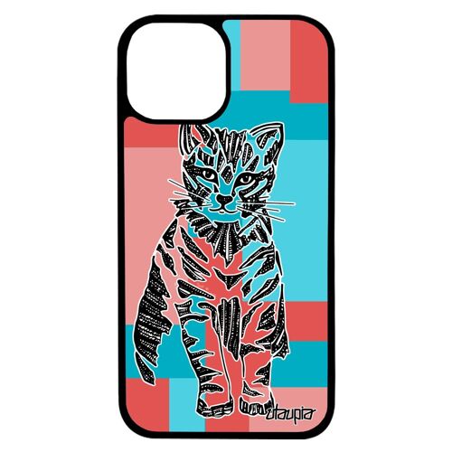 Coque Chat Iphone 13 Silicone Etui Carré Felin Rigide Geometrique Chaton Fantaisie Minou Ethnique Petit Homme Azteque Portable