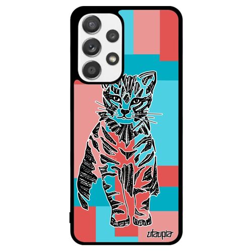 Coque A53 silicone chat azteque felin fantaisie cube carré dessin minou mignon Rose housse alu homme telephone chaton Samsung galaxy