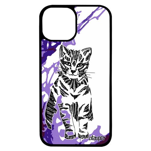 Coque chat iPhone 13 silicone fantaisie azteque unique minou Violet dessin smartphone de protection chaton tigré animal arbre
