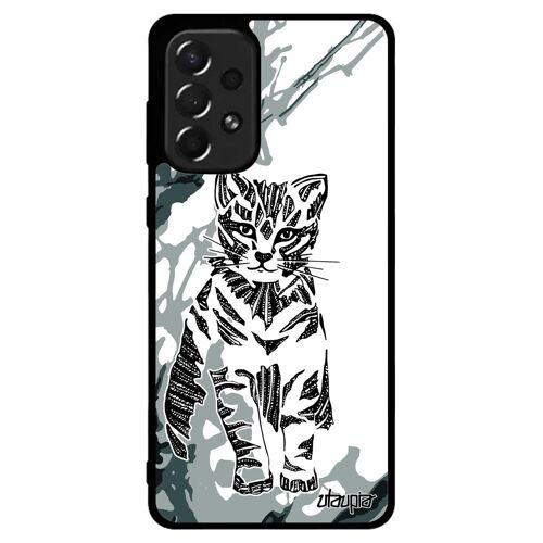 Coque Samsung A73 en silicone chat etui peinture art Gris chaton mignon couleur felin azteque dessin tatouage arbre petit TPU galaxy