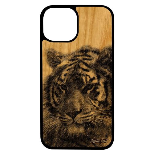 Coque iPhone 13 en bois silicone tigre animaux du bengal sauvage nature rigide animal case de protection gris made in France