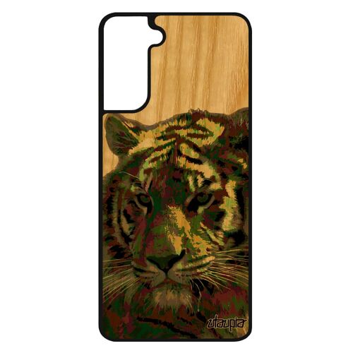 Coque bois silicone pour S21 FE tigre vert pop art animaux tigresse moderne caoutchouc felin peinture telephone Samsung galaxy