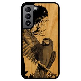 Coque Samsung Galaxy S22+ Plus En Bois Silicone Perroquet Perruche Tropical Design Personnalisé Etui Arbre Cover Gris Nature Animal