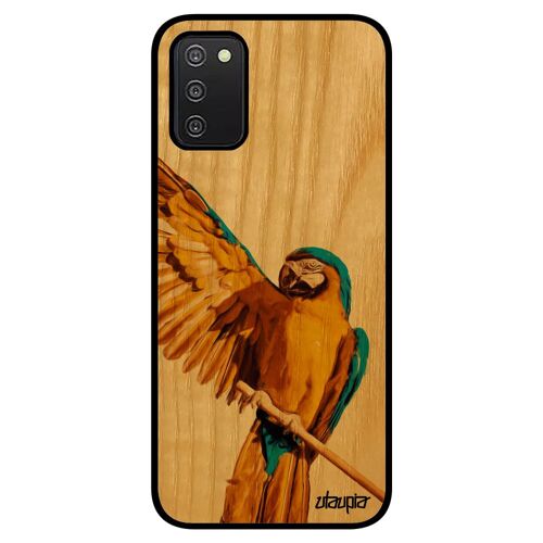 Coque A03S en bois silicone perroquet tropical solide etui personnalisé animal jolie noir perruche animaux design de Samsung galaxy