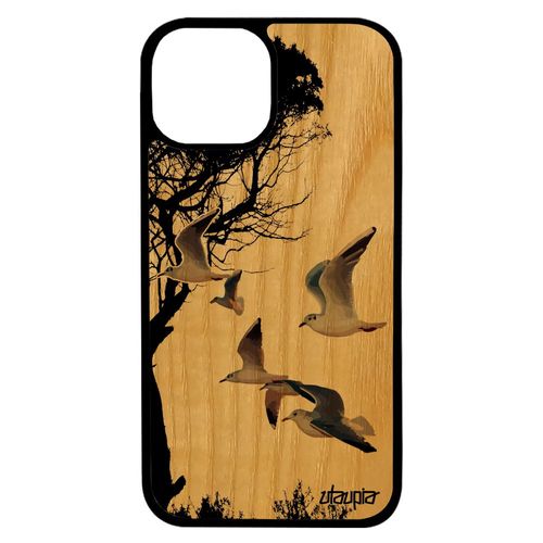 Coque Oiseaux Mouettes Iphone 13 Pro Max Bois Silicone Nature Telephone Animaux Design Marin Gris Case Peinture Made In France