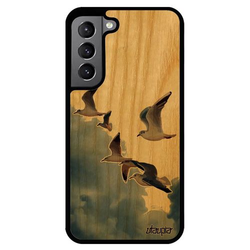 Coque Antichoc Samsung S22 Bois Silicone Oiseaux Mouettes Case Motif Beige Design Marin Mer Animaux Nature Nuage Ciel Animal Galaxy