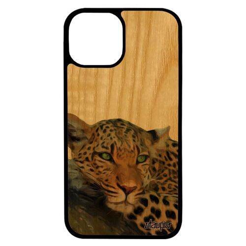 Coque bois silicone pour iPhone 13 pro max leopard guepard jaguar marron afrique nature design animal fauve sauvage dessin de