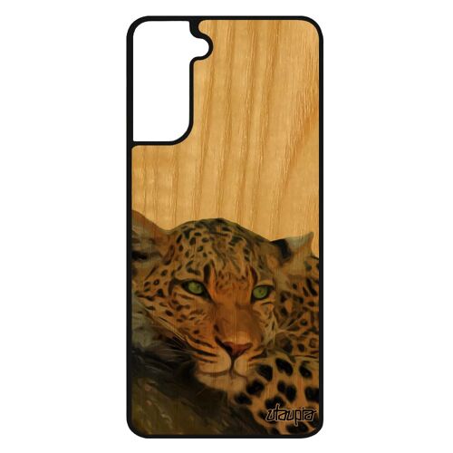 Coque S21 FE bois silicone leopard guepard jaguar predateur felin afrique animal nature animaux dessin sauvage marron Samsung galaxy