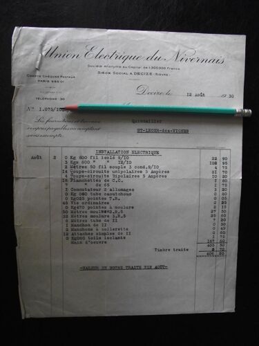 Facture Et Son Reçu Quittance:Union Électrique Du Nivernais Du 12 Août 1930