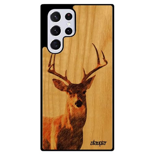 Coque En Bois Silicone Cerf Galaxy S22 Ultra Foret Biche Brame Antichoc Brun Design Gibier Faon 4g Jolie Nature Motif Etui Samsung