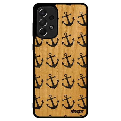 Coque silicone A73 vrai bois veritable ancre tapisserie rayure TPU Gris marine femme portable rigide antichoc motif Samsung galaxy