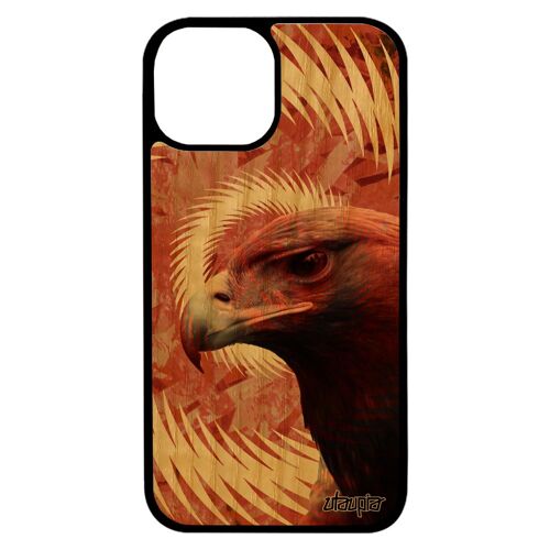 Coque iPhone 13 mini en vrai bois et silicone aigle oiseau rapace design animaux noir texture royal de protection mandala