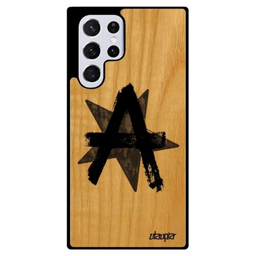 Coque S22 Ultra en bois silicone anarchie urbain portable Gris rock punk etoile symbole graff signe ni dieu ni maitre Samsung galaxy