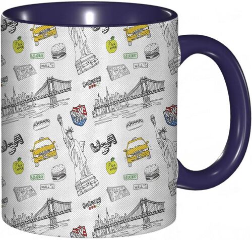 Tasse A Cafe Americaine New York City Of Liberty Hotdogs Taxi Cabs Burgers Manhattan Bridgeatin | Imprime Gris Jaune | Tasse Coloree Pour Le Bureau La Maison Le The Le Cafe