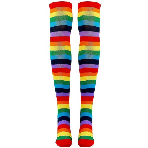Chaussettes à rayures arc-en-ciel colorées sur le genou Clown Costume rayé Bas hauts pour Halloween Cos