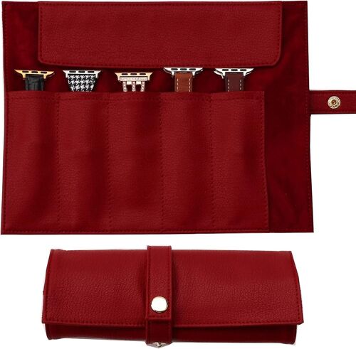 Leather Watch Band Case Organizer Travel Watch Roll (Red)