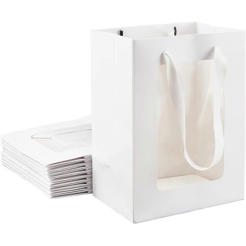 10 Packs White Kraft Paper Bag with Clear Window 8x6x4 Gift Bags with Handle for
