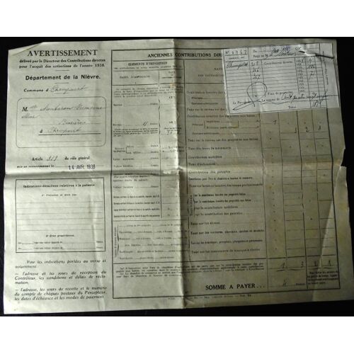 Département De La Nièvre:Anciennes Contributions Directes Et Taxes Assimilées De L'année 1938