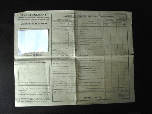 Département De La Nièvre:Anciennes Contributions Directes Et Taxes Assimilées De L'année 1938
